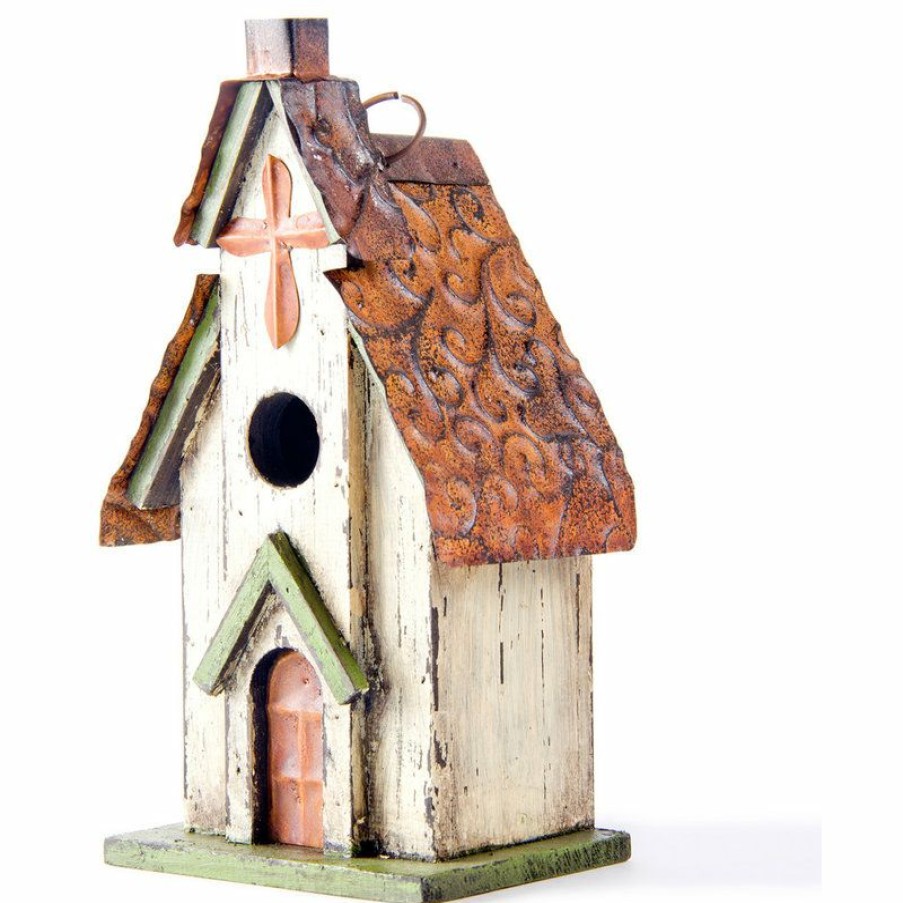 Outdoor Decor * Coupon Glitzhome Rustic Garden Distressed Wooden Church Birdhouse, Cross