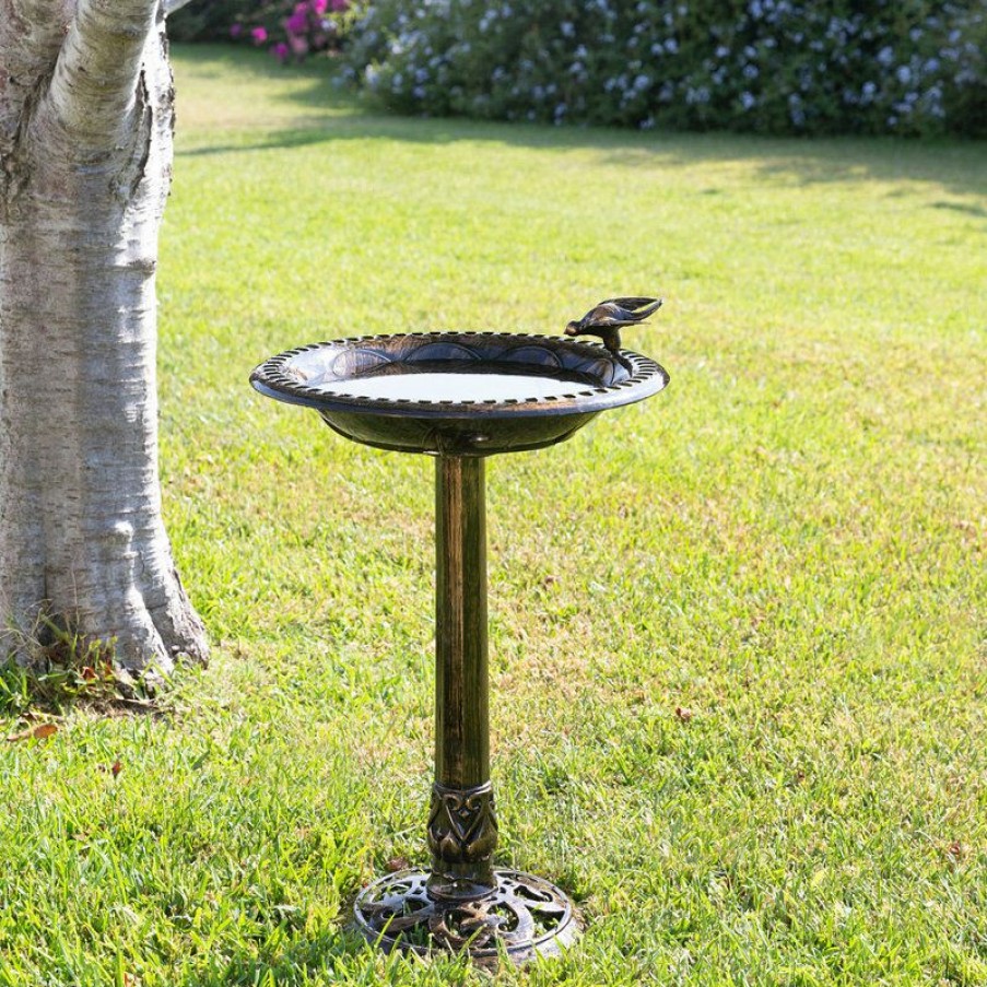 Outdoor Decor * Flash Sale Alpine Corporation 27 Tall Outdoor Antique Style Bronze Birdbath Bowl With Bird Figurine