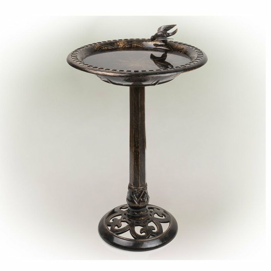 Outdoor Decor * Flash Sale Alpine Corporation 27 Tall Outdoor Antique Style Bronze Birdbath Bowl With Bird Figurine