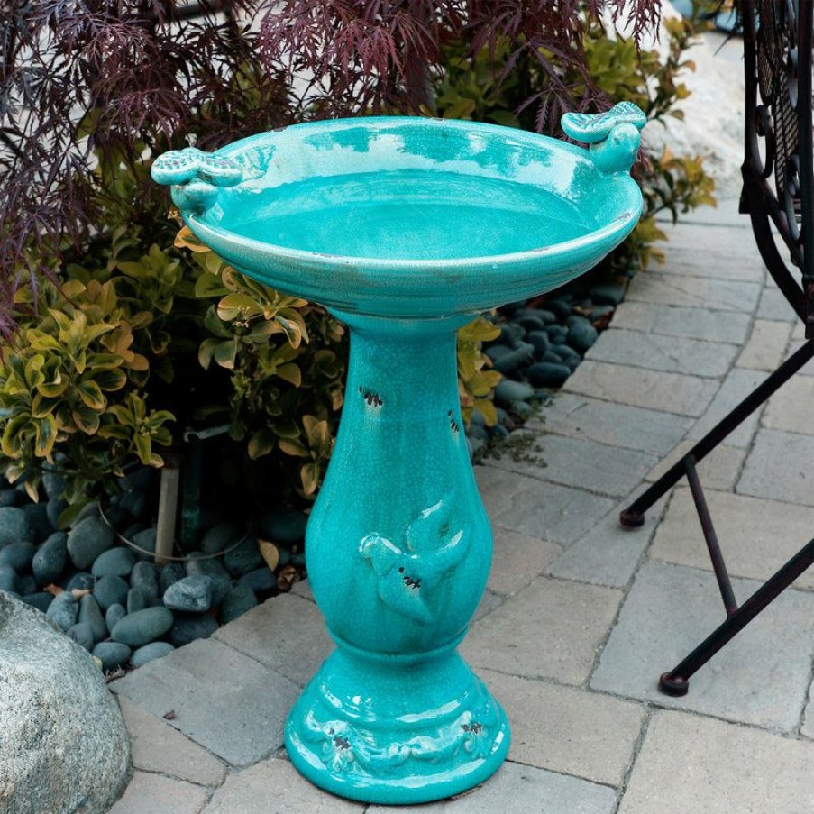 Outdoor Decor * Best Sale Alpine Corporation 25 Tall Ceramic Antique Pedestal Birdbath With 2 Bird Figurines, Turquoise