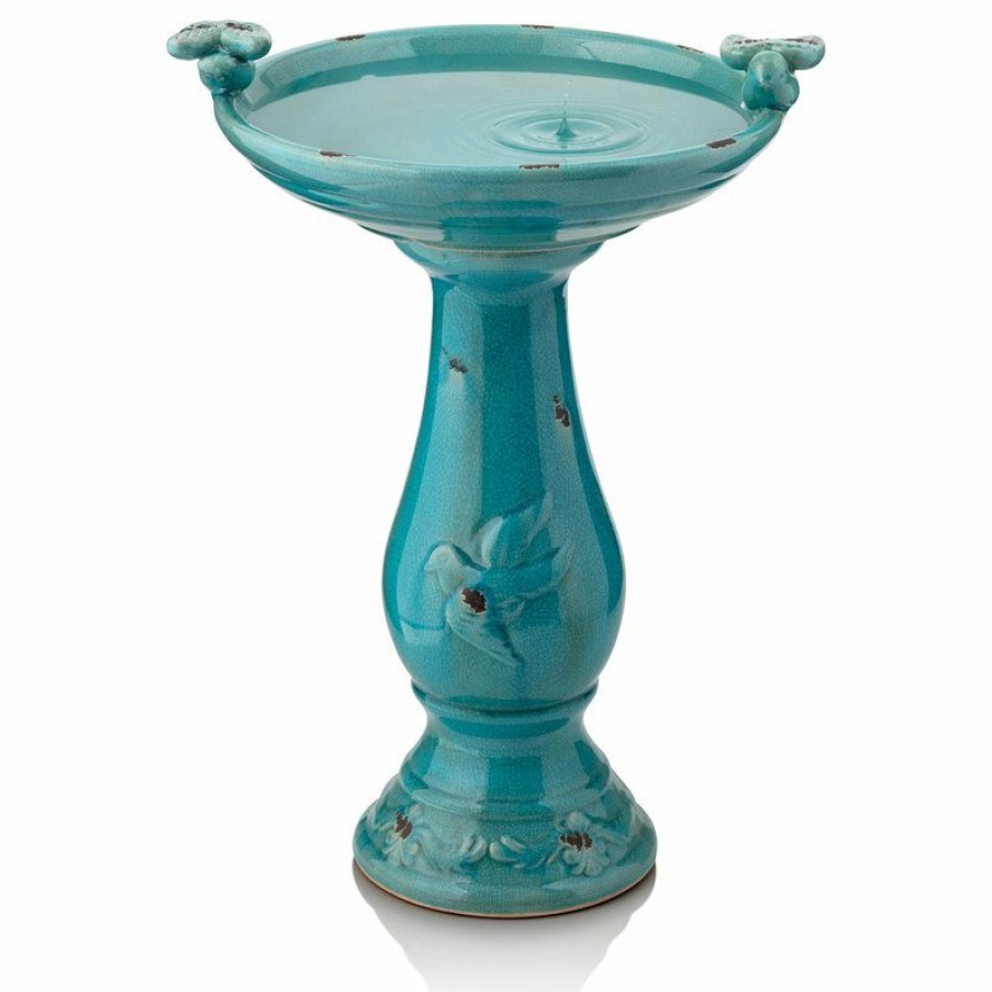 Outdoor Decor * Best Sale Alpine Corporation 25 Tall Ceramic Antique Pedestal Birdbath With 2 Bird Figurines, Turquoise